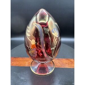 Ruby Red Etched Glass Egg Shape With 22K Gold Accents Table Ornament